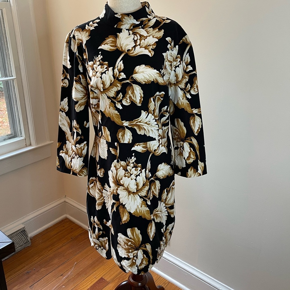 Anthropologie Black and Gold Floral Long Sleeve Dress